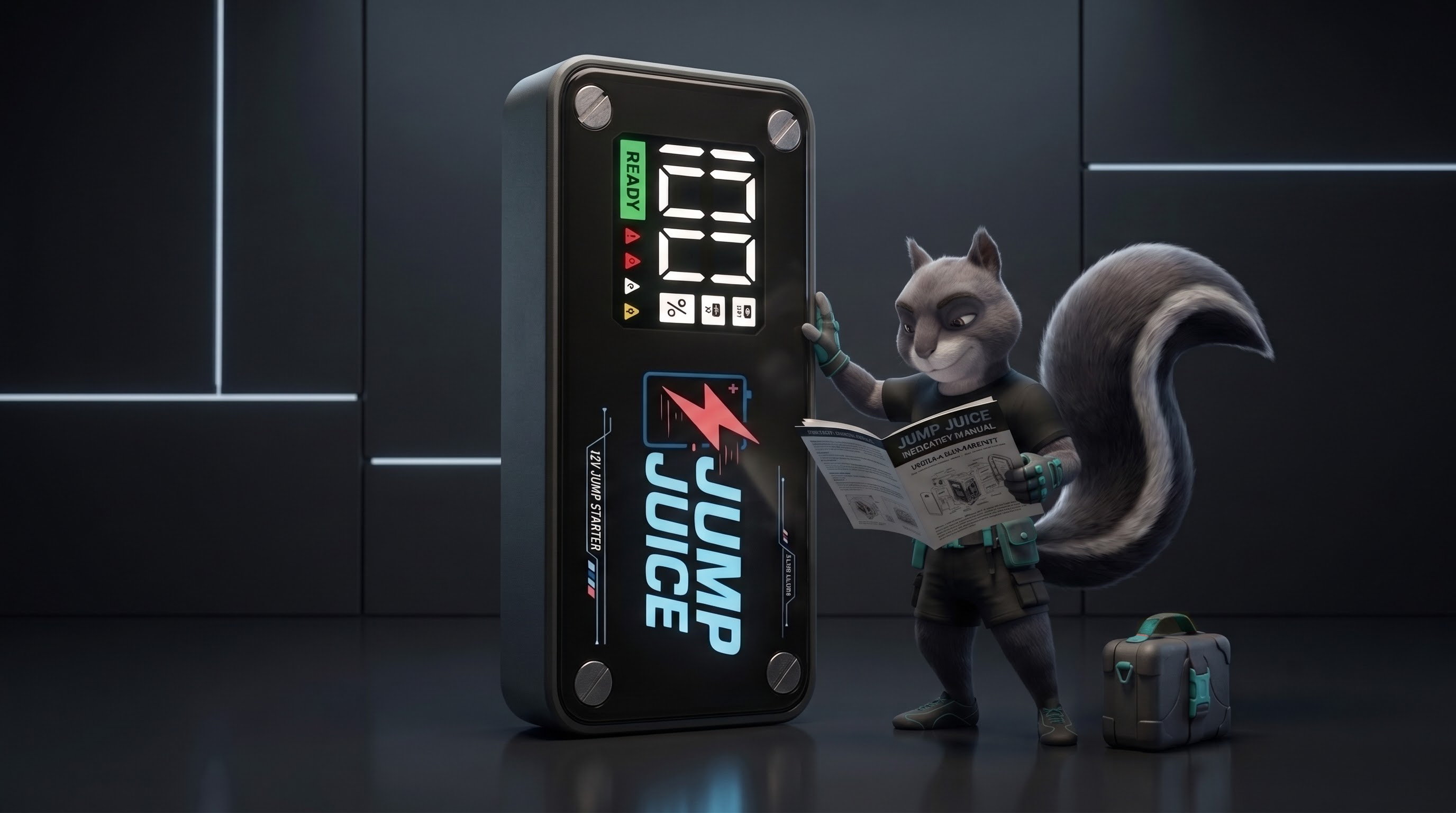 Jump Juice mascot reviewing the instruction manual beside a 12V jump starter